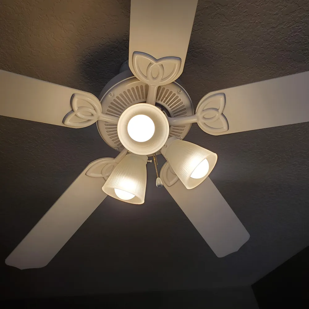 Ceiling fan after cleaning, blades and light fixtures spotless