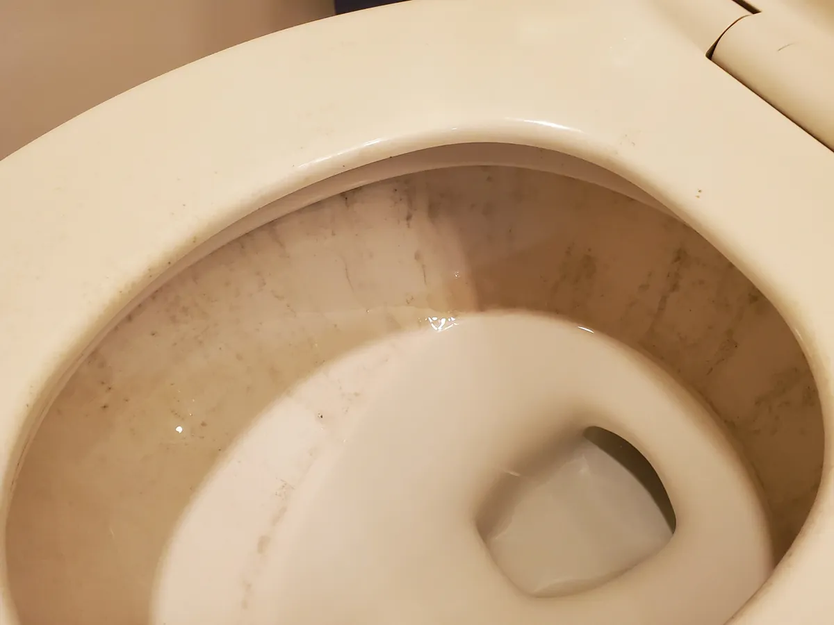The same toilet bowl before cleaning, with a hard-water ring
